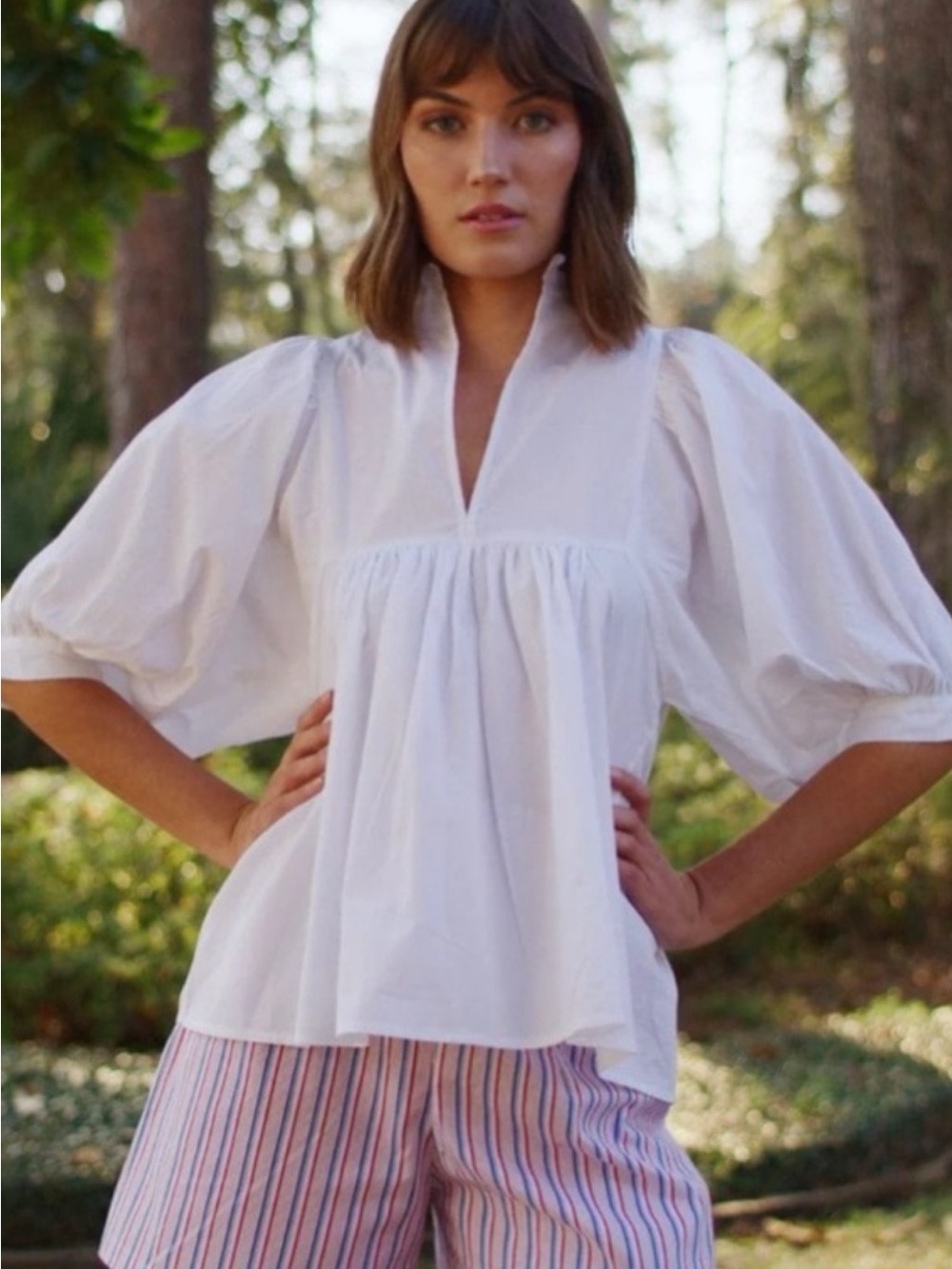 Women's White Poplin High Neck Puff-Sleeve V-Neck Peasant Top